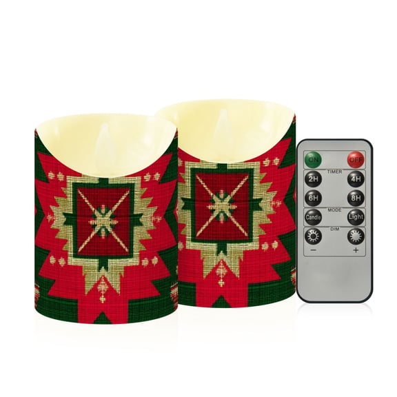 Christmas Colored Pattern Elegant Texture Flickering Flameless Candles with Remote Timer Battery Operated LED Tealight Set of 2 S