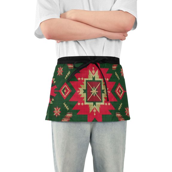 Christmas Colored Pattern Elegant Texture Short Server Apron with 3 Pockets for Unisex Chef Gardening