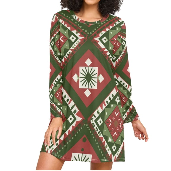 Christmas Colored Patterns Women's Long Sleeves Nightgowns Sleepwear Soft Pajama A-line Sleep Dress S