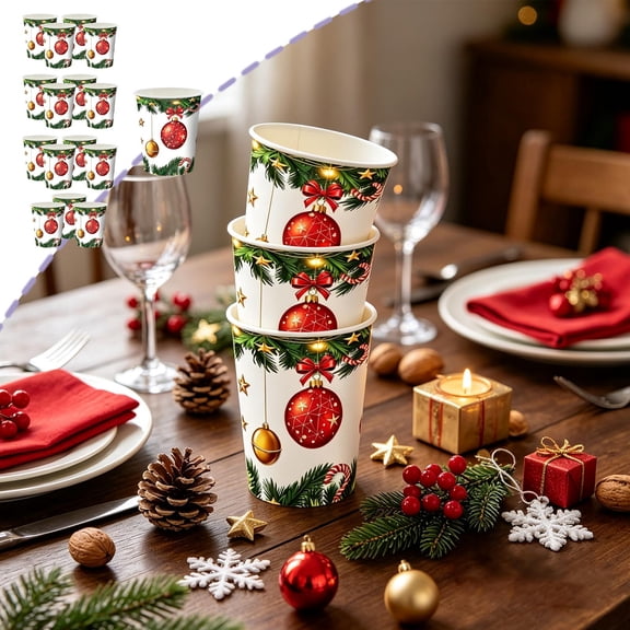 Christmas Colorful Balls and Pine Branches Paper Cups, Disposable Beverage Cups with Baubles Snowflakes Candy Cane Prints, 16pcs Holiday Party Tableware for Hot Cold Drinks