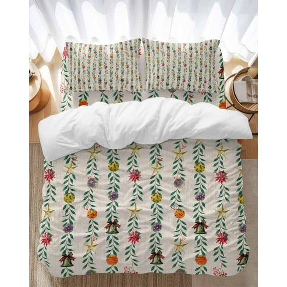Christmas Colorful Bedding Duvet Cover Set King Size 4 Pieces Xmas Balls Bells Stars Berry Beige Linen Bedding Set with Zipper Closure, 1 Comforter Cover 92x106 Inches 1 Flat Sheet & 2 Pillow Cases