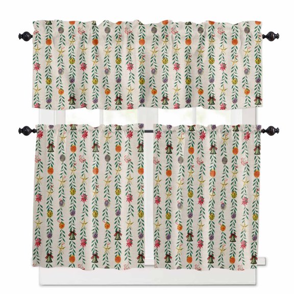 Christmas Colorful Kitchen Curtains Valances and Tiers Set of 3 Xmas Balls Bells Stars Berry Beige Linen Tier Curtains and Valance Rod Pocket Valance Curtains Set for Windows 27.5"W x 24"L