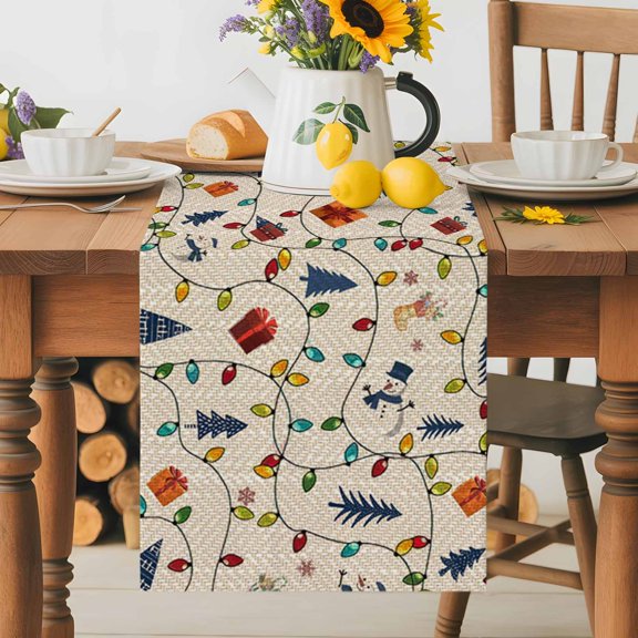 Christmas Colorful Light String Table Runner 72 Inches Long, Retro Xmas Tree Snowman Present Table Runners Tabletop Scarf Kitchen Dining Tables Decoration for Home Party Indoor Outdoor