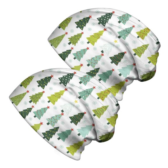 Christmas Colorful Pine Tree Pattern 2 Pack Slouchy Beanie Hat, Casual Daily Beanie with Stretchy Fabric & Soft Texture, Stretchy Polyester Gifts for Unisex Men Women
