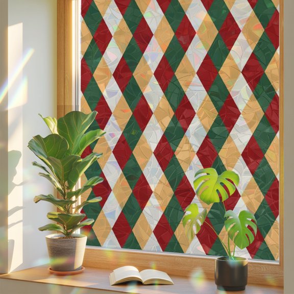 Christmas Colorful Plaid Window Privacy Film Rainbow Static Cling Stain Glass Window Film for Glass Door, Decorative Sunroof Decal Sticker for Car Home 19.6"x39.3" Boho Vintage Geometric Checkered