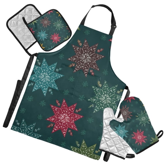 Christmas Colorful Snowflakes Dark Green Background Apron Set with Oven Mitts Pot Holders Set of 5 Kitchen Stuff Accessories
