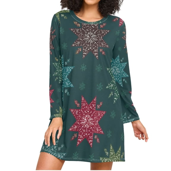 Christmas Colorful Snowflakes Dark Green Background Women's Long Sleeves Nightgowns Sleepwear Soft Pajama A-line Sleep Dress XXXL