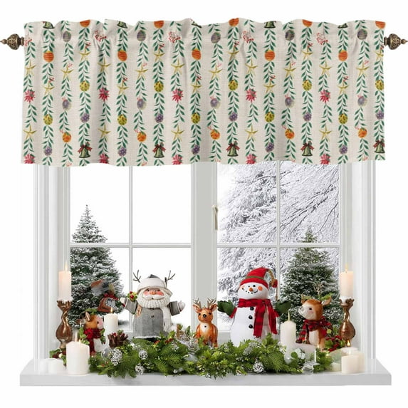Christmas Colorful Valances for Windows, 54 x 18in, Xmas Balls Bells Stars Berry Beige Linen Rod Pocket Kitchen Valance Curtain Light Filtering Window Treatments for Living Room Bedroom, 1 Panel