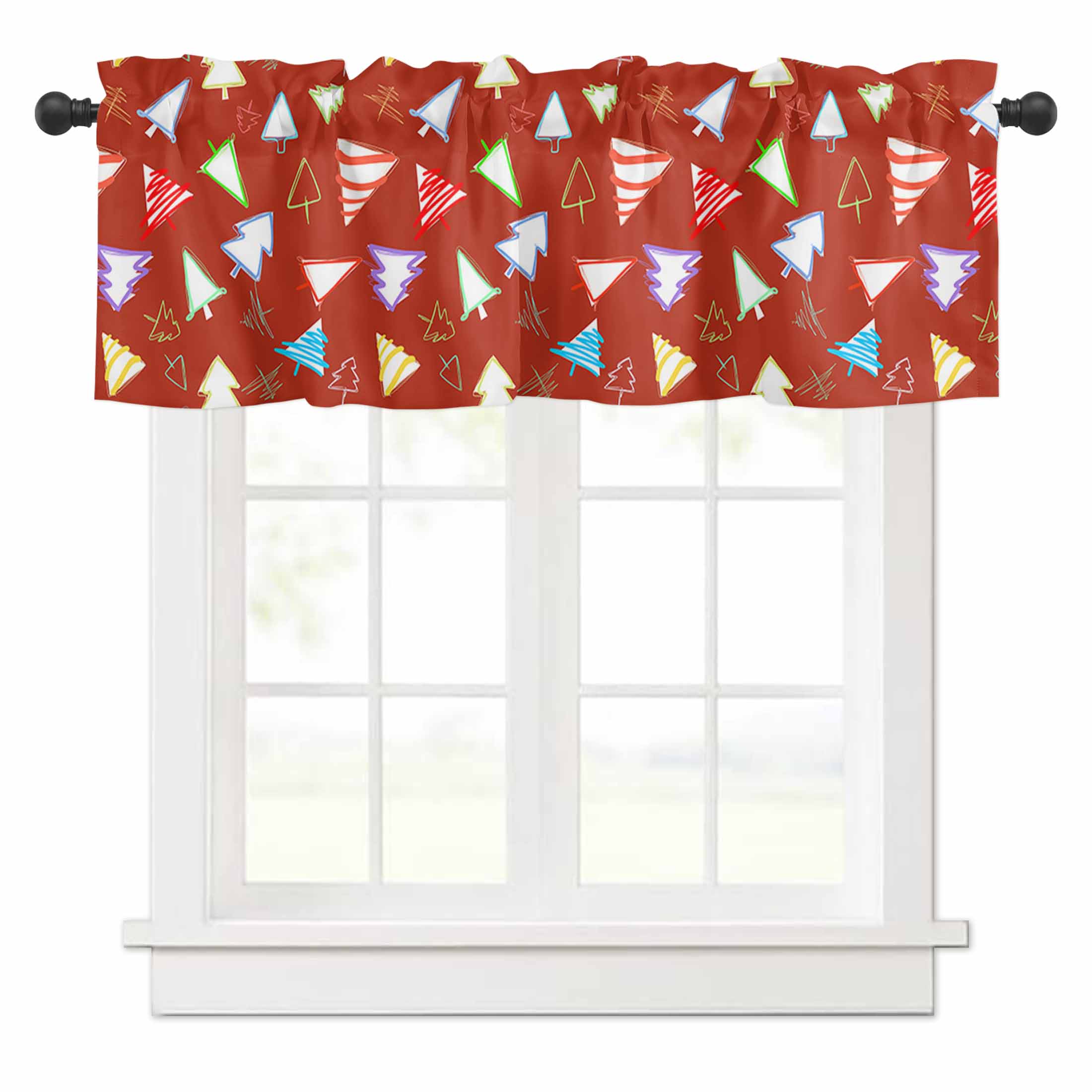 Christmas Colorful Xmas Tree Stick Figure Red Window Valances, Valances
