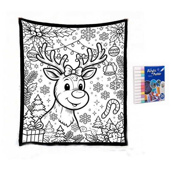 Christmas Coloring Blanket,59x50In Christmas Diy Cozy Doodle Coloring Blanket with 24 Washable Markers,Snuggle Sketch Coloring Blanket for Adults,Relaxing Nights In, Parties & Creative Gifts