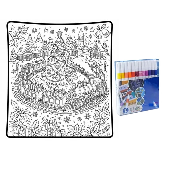 Christmas Coloring Blanket with Markers, Train Village Line-Art Holiday Throw