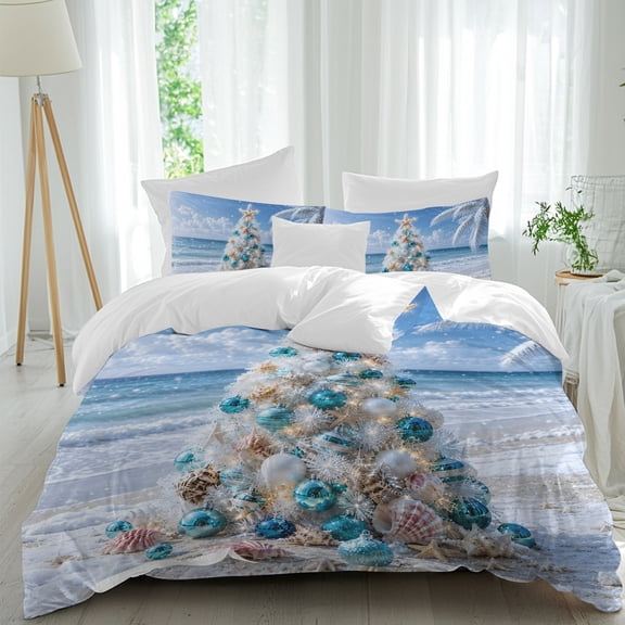 Christmas Comforter Set California King Size, Coastal Blue Starfish Baubles Christmas Tree Ocean Wave Soft Bedding Set for Man Woman, 4 Pieces Duvet Cover Set with Flat Sheet, 2 Pillowcases