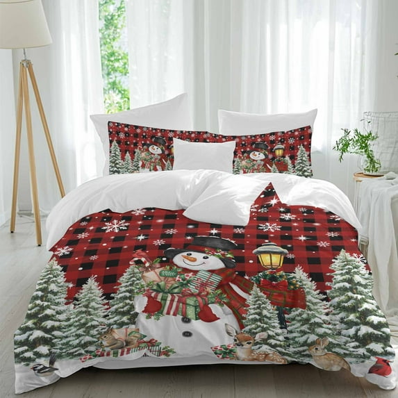 Christmas Comforter Set California King Size, Cute Hat Snowman Xmas Box Pine Trees Snow Red Plaid Soft Bedding Set for Man Woman, 4 Pieces Duvet Cover Set with Fitted Sheet, 2 Pillowcases