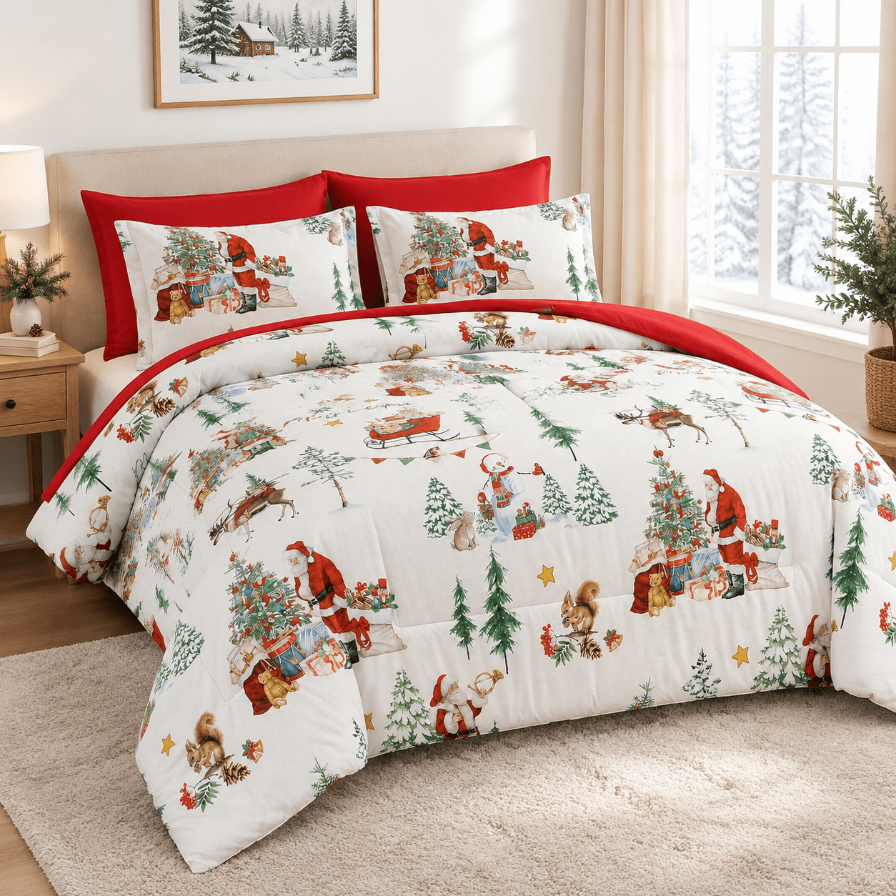 Christmas Comforter Set Queen Size 7 Piece, White and Red Holiday ...