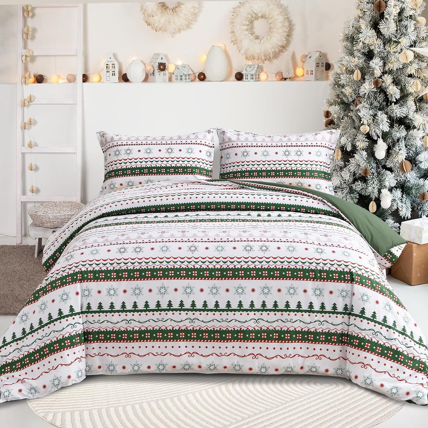 Christmas Comforter Set Queen Size, Green White Snowflake Christmas Tree Printed Pattern Holiday
