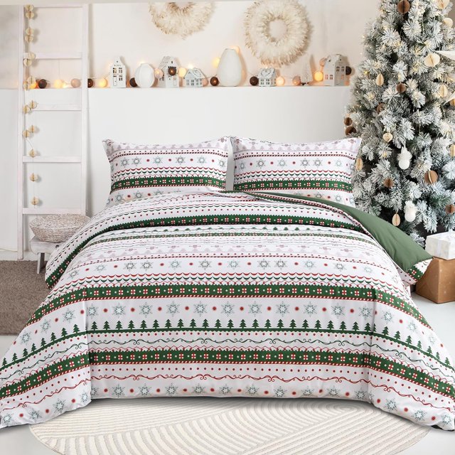 Christmas Comforter Set Queen Size, Green White Snowflake Christmas