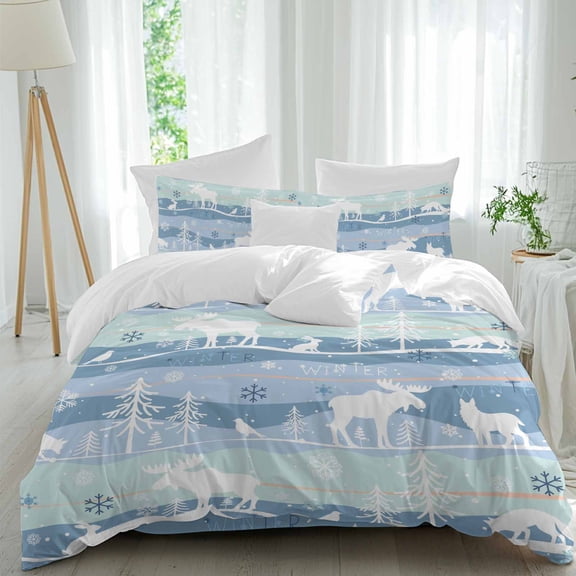 Christmas Comforter Set Twin Size, Deer Snowflakes Xmas Tree Winter Soft Bedding Set for Man Woman, 4 Pieces Duvet Cover Set with Flat Sheet, 2 Pillowcases