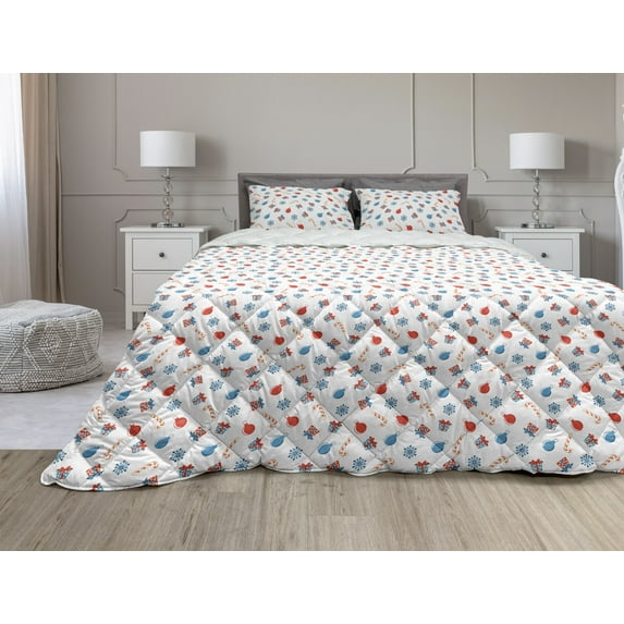 Christmas Comforter & Sham Bedding Set, Xmas Ornaments Cones Boxes Celebration Family Reunion Party Image, 3 pcs Duvet Set Microfiber Filling Quilt, 5 Sizes, Red White and Pale Blue, by Ambesonne