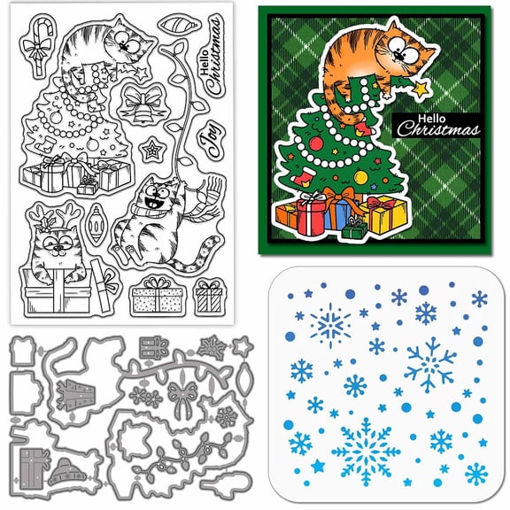 Christmas Comic Cats Clear Silicone Stamp Metal Cartoon Cats Cutting Die Cuts Snowflake Bell Blessing Paint Craft Stencils for Card Making Scrapbooking Craft DIY Embossing DIY