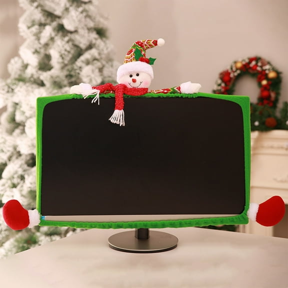 Christmas Computer Monitor Border Cover, Elastic Laptop Screen Decoration with Santa Snowman Design, Cute Xmas Home and Office Desk Ornament for Holiday Party and Gift