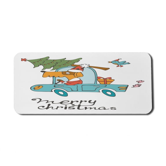 Christmas Computer Mouse Pad, Blue Vintage Car Dog Driving Santa Costume Bird Tree Gift Present, Rectangle Non-Slip Rubber Mousepad X-Large, 35" x 15" Gaming Size, White Multicolor, by Ambesonne