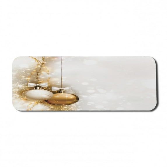 Christmas Computer Mouse Pad, Featured Xmas Baubles with Ribbon Holiday Wish Artwork Image Illustration, Rectangle Non-Slip Rubber Mousepad Large, 31" x 12" Gaming Size, White and Beige, by Ambesonne