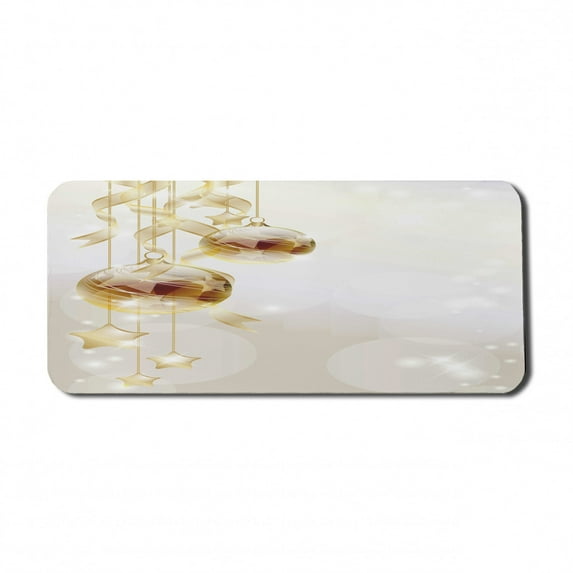 Christmas Computer Mouse Pad, Xmas Balls with Swirled Ribbons and Stars on Modern Abstract Background, Rectangle Non-Slip Rubber Mousepad X-Large, 35" x 15", Brown Yellow White, by Ambesonne