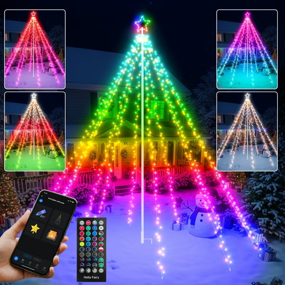 12FT Smart Outdoor Christmas Tree Waterfall Lights 720 LEDs RGB & Warm White with Pole Tree Topper Light APP Control Music Sync Remote & Timer Waterproof Light Show for Holiday Yard Decoration