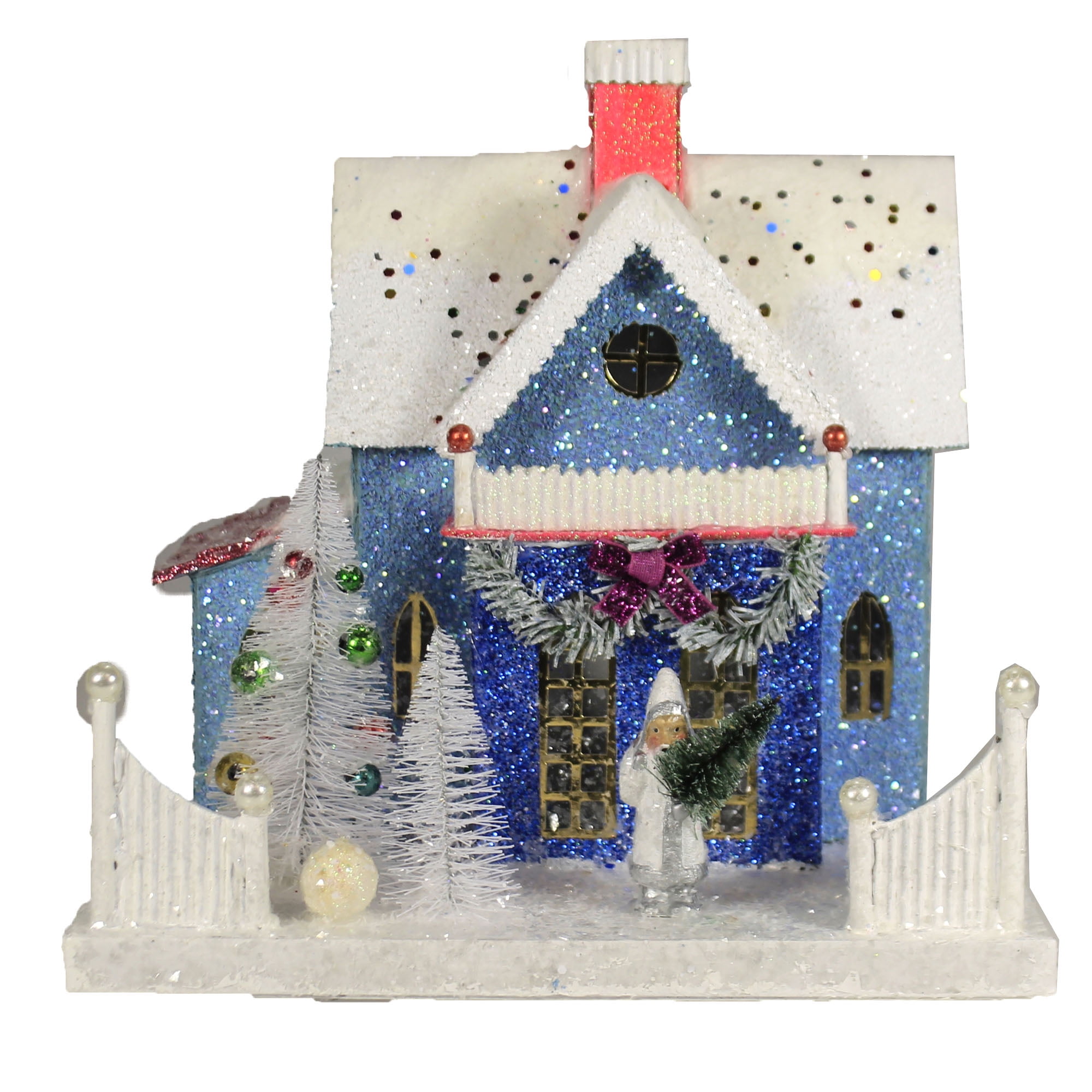 Blue Glittered Paperboard Christmas Cottage with White Roof