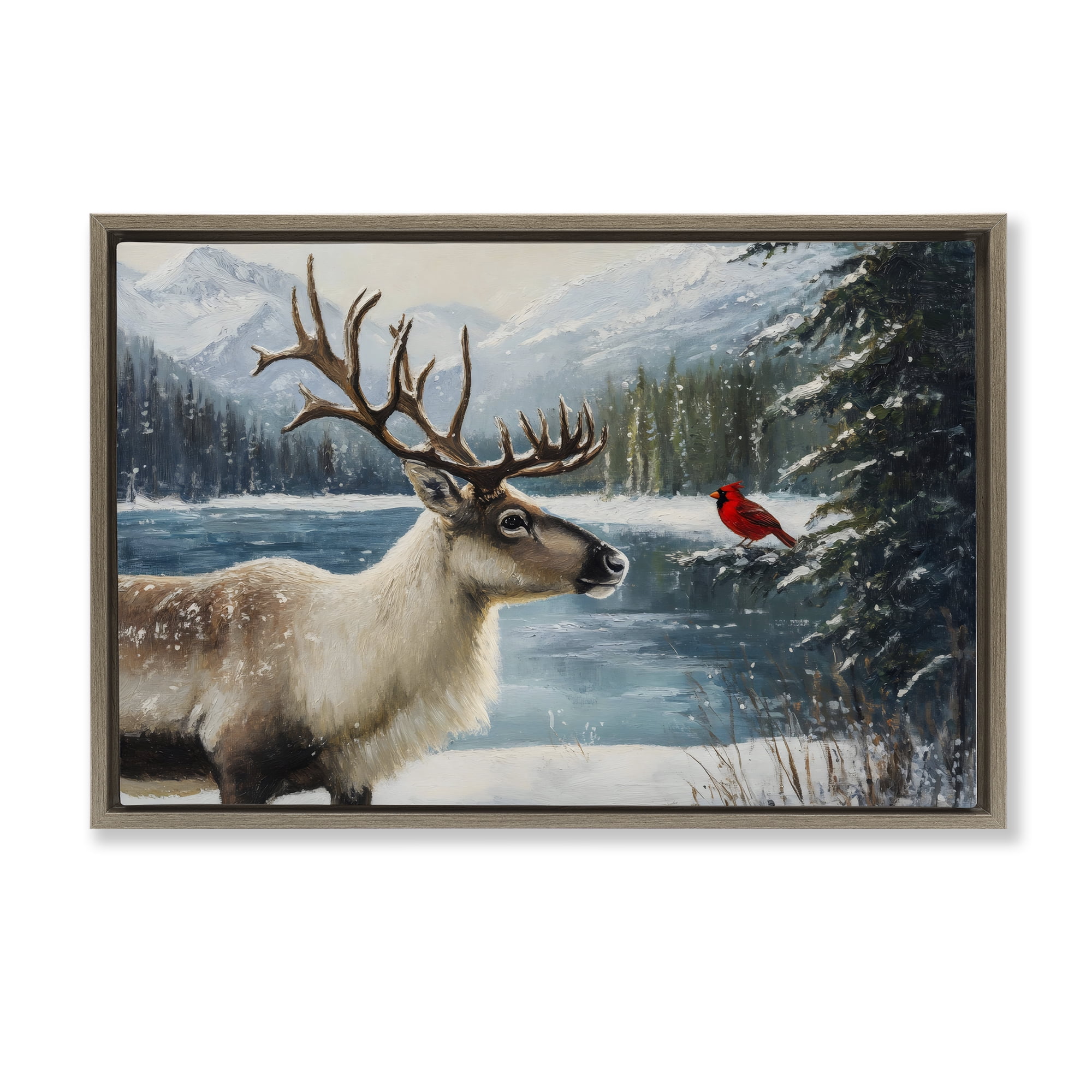 Christmas Conversation In Wild Brown Framed Floater Canvas Wall Art, design by Petal Prints Design