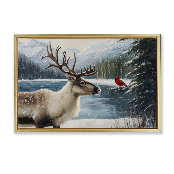 Christmas Conversation In Wild Gold Framed Floater Canvas Wall Art, design by Petal Prints Design