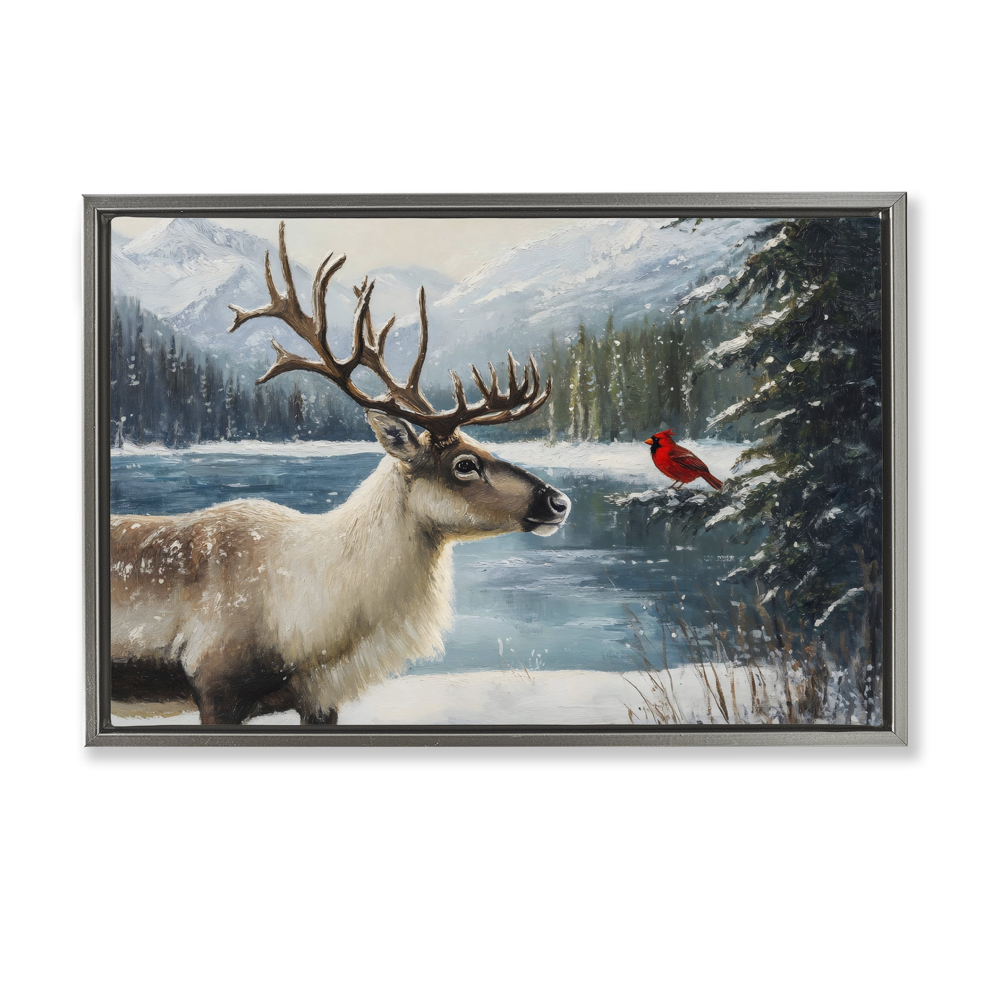 Christmas Conversation In Wild Gray Framed Floater Canvas Wall Art, design by Petal Prints Design