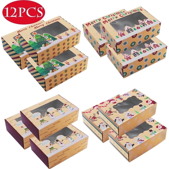 Christmas Cookie Boxes with Window Christmas Bakery Box Kraft Baking Box for Gift Cupcakes Dessert Treat Pastry and Party Favor 12 Pcs