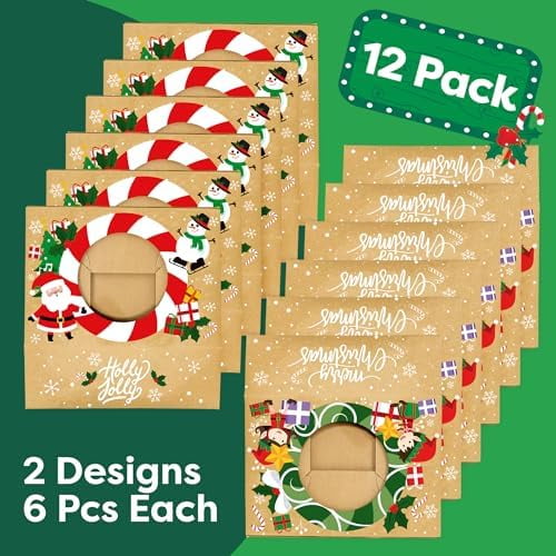 Christmas Cookie Boxes for Gift Giving - 12 Kraft Christmas Cookie Tins With Lids - Sturdy Christmas Treat Boxes, Christmas Tins - Festive Christmas Cookie Box Packaging - Cookie Boxes with Window