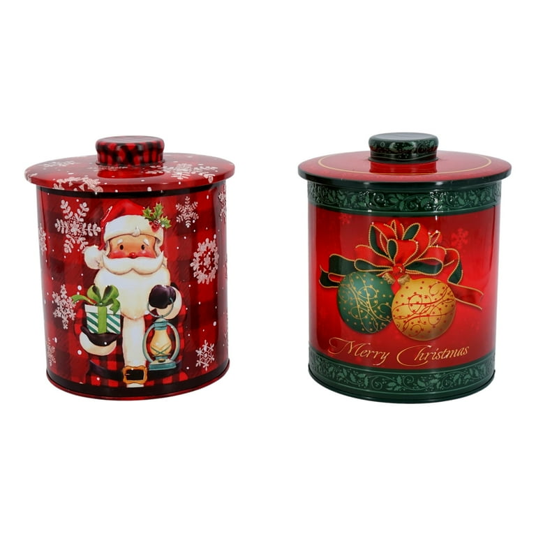 Christmas Cookie Canister Tins (2 Pack, Santa Claus And Merry Christmas, 7  in) Round Metal Holiday Gift Storage Tin Jars With Embossed Design Cookie