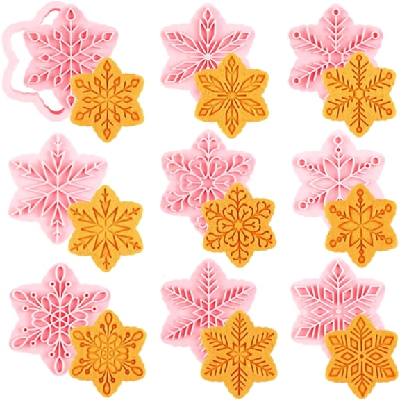 Christmas Cookie Cutter Set 9 Pcs Plastic Snowflake Cookie Cutters and Stamps, Holiday Baking Molds for Christmas Cookies, Cupcakes, Fondant & Crafts