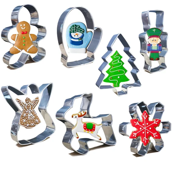 Christmas Cookie Cutters -7 Pcs- Angel Gingerbread Man Glove Snowflake Trees Elk