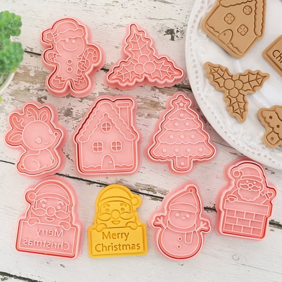 Christmas Cookie Cutters with Embossing, 8pcs Holiday Cookie Molds with Gingerbread, Santa, Tree & Snowman Patterns, 2-in-1 Cut & Stamp Cookie Mold for Kitchen & Party