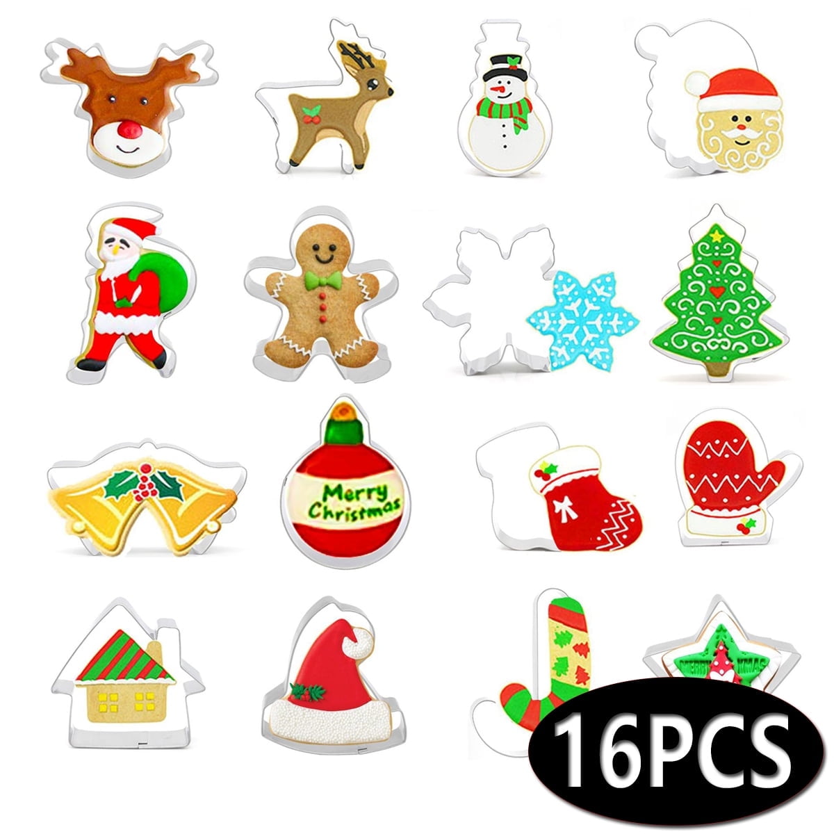 Christmas Cookie Cutters Set Stainless Steel Christmas Cookie Cutters Sinta Christmas Tree Baking Cake Biscuit Mold, 16 Pcs