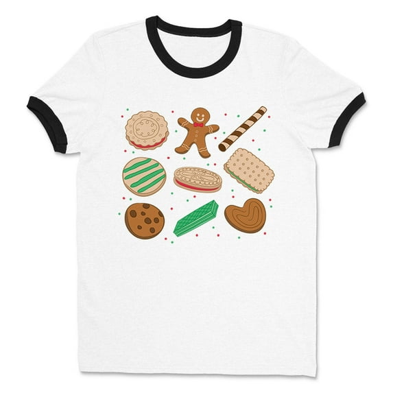 Christmas Cookie Grid Ringer Tee Shirt Unisex Large White/Black