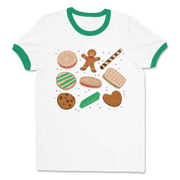 Christmas Cookie Grid Ringer Tee Shirt Unisex Medium White/Kelly Green