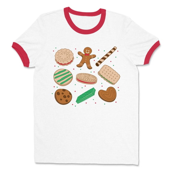 Christmas Cookie Grid Ringer Tee Shirt Unisex Medium White/Red