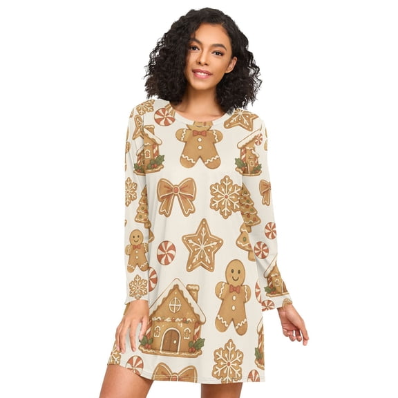 Christmas Cookie Nightgowns for Women Soft Sleepwear Long Sleeves Ladies Sleepshirt Nightdress