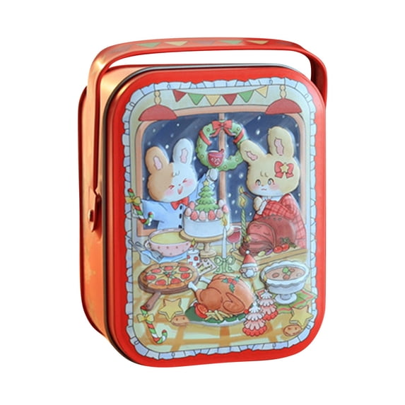 Christmas Cookie Tin with Handle, Empty Tinplate Candy Biscuit Storage Box with Xmas Bunny Print, Holiday Gift Tin for Treats Snacks