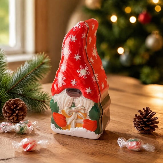 Save Candy Container Christmas Cookie Tin with Lid, Santa Gnome Candy Storage Box, Holiday ...