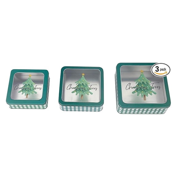 Christmas Cookie Tins 3pc Set - Holiday Treat Containers with Lids, Nesting Cookie Boxes for Gifts, Party Favors - Festive Tree & Square Designs
