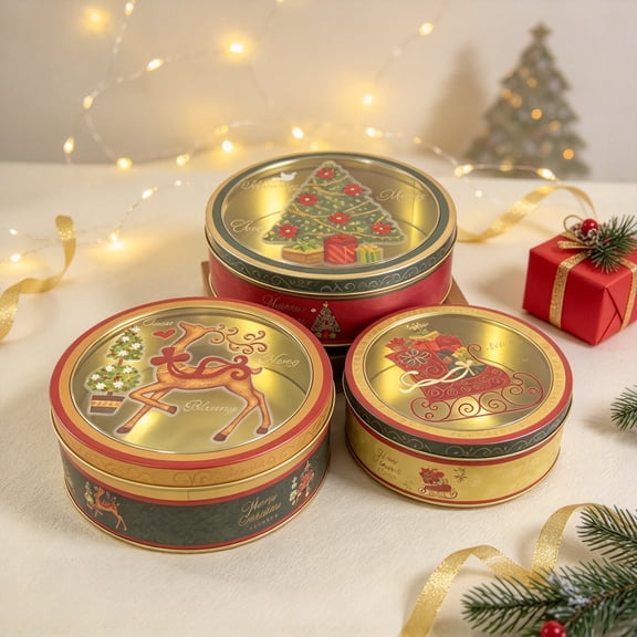 Christmas Cookie Tins Set of 3, Round Metal Christmas Cookie Tins with Lids - Vintage Holiday Gift Boxes for Storing Cookies, Snacks, Chocolates,Tins Container for Christmas Decoration