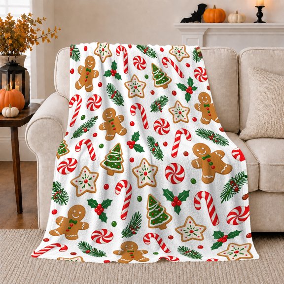 Christmas Cookie decorative motif Cane Joy, Festive Holiday Scene, Warm Flannel Blanket for Living Room and Family Room with Detailed Artwork, Art Lovers Christmas Gift, Festive Home Decor