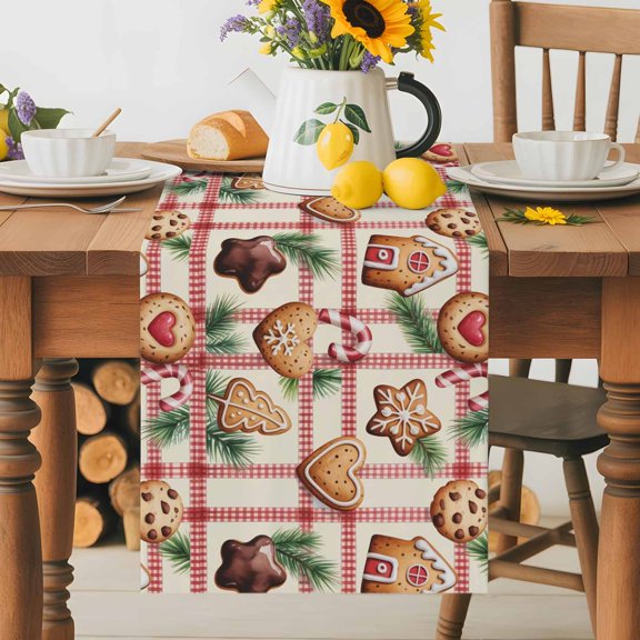 Christmas Cookies Candy Canes Table Runner 72 Inches Long, Winter Pine Tree Table Runners Tabletop Scarf Kitchen Dining Tables Decoration for Home Party Indoor Outdoor