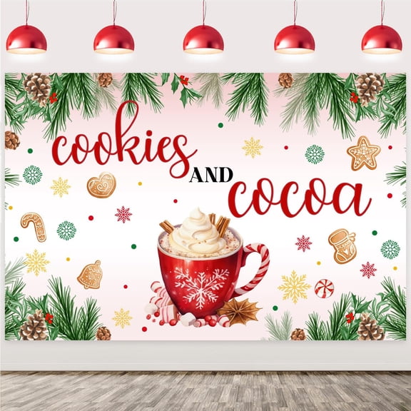 Christmas Cookies and Cocoa Birthday Backdrop Banner Red Green Coffee Plants and Snowflake Patterns Christmas Photography Backdrop Cloth for Boy Girl Winter Christmas Birthday Party Supplies 5x3ft